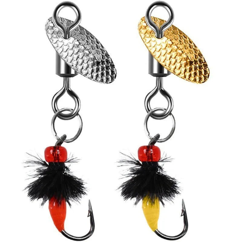 Five bionic poison mosquito fishing hooks with spinning sequins in multicolour patterns