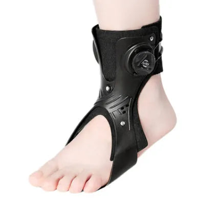 Grey and black ankle support brace with airbag button fixation, shown in left and right foot versions.