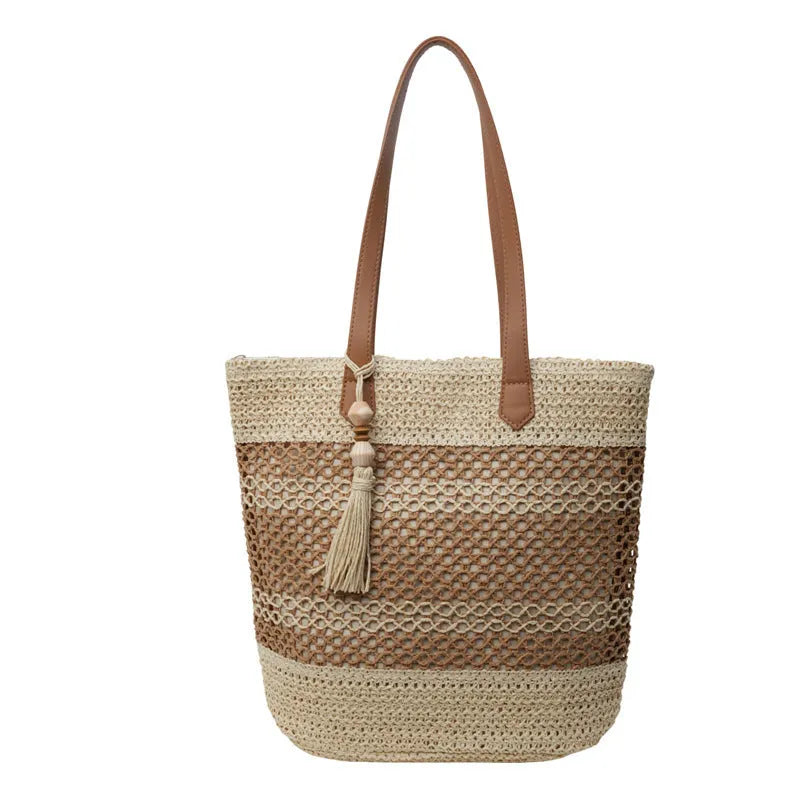 Straw shoulder bag with tassel pendant, horizontal square shape, double straps, Brown or Milky White