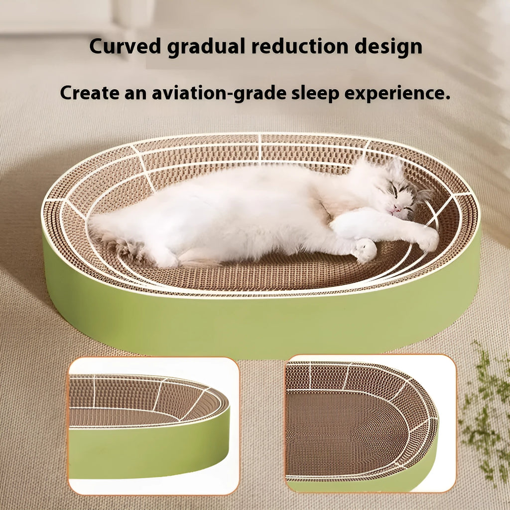 Green oval corrugated paper cat scratch board and nest, 55cm in diameter.