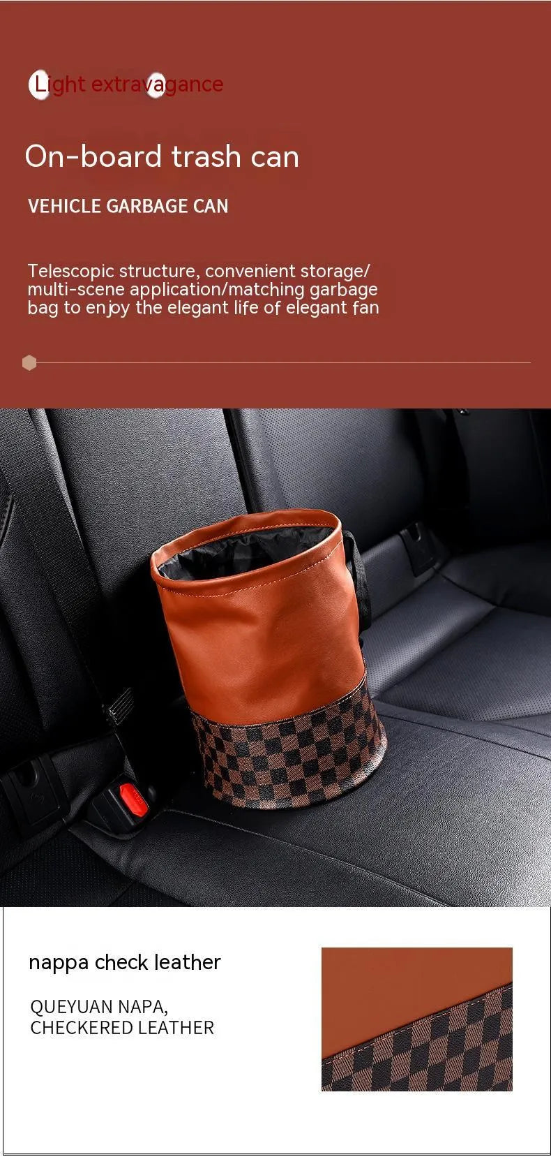 Brown leather retractable car trash can shown in a folded state with a carry handle.
