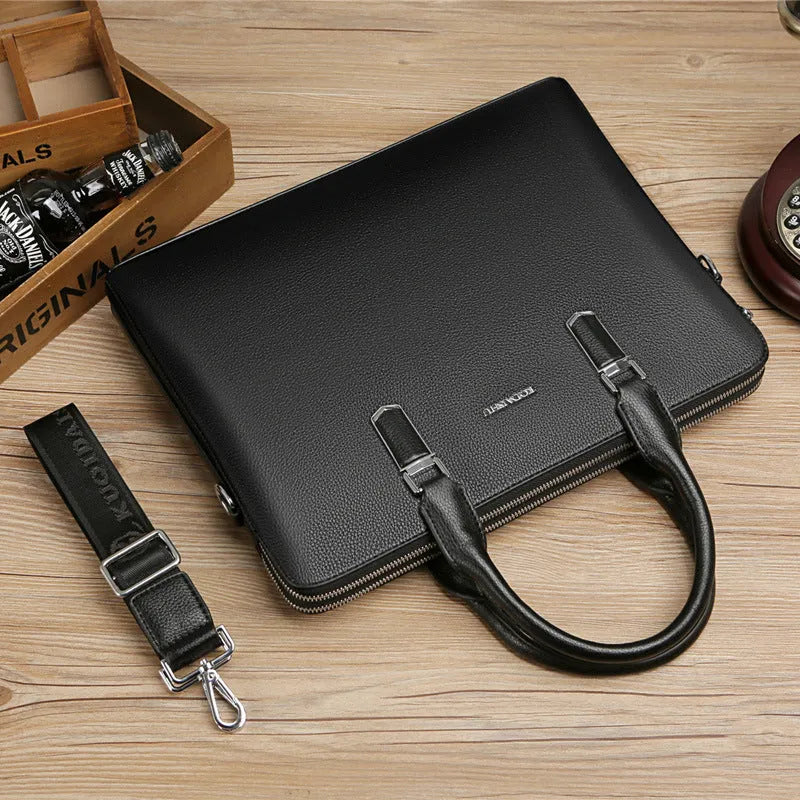 Men's PU leather handbag with litchi pattern, double pull opening, and telescopic handle in black and brown colours