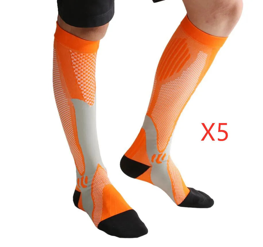 Graduated compression socks for men and women in black, shown in S/M, L/XL, and XXL sizes.