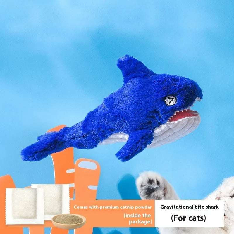 Pet electric simulation USB rechargeable molar tooth cleaning toy in Blue Shark style with soft velvet exterior