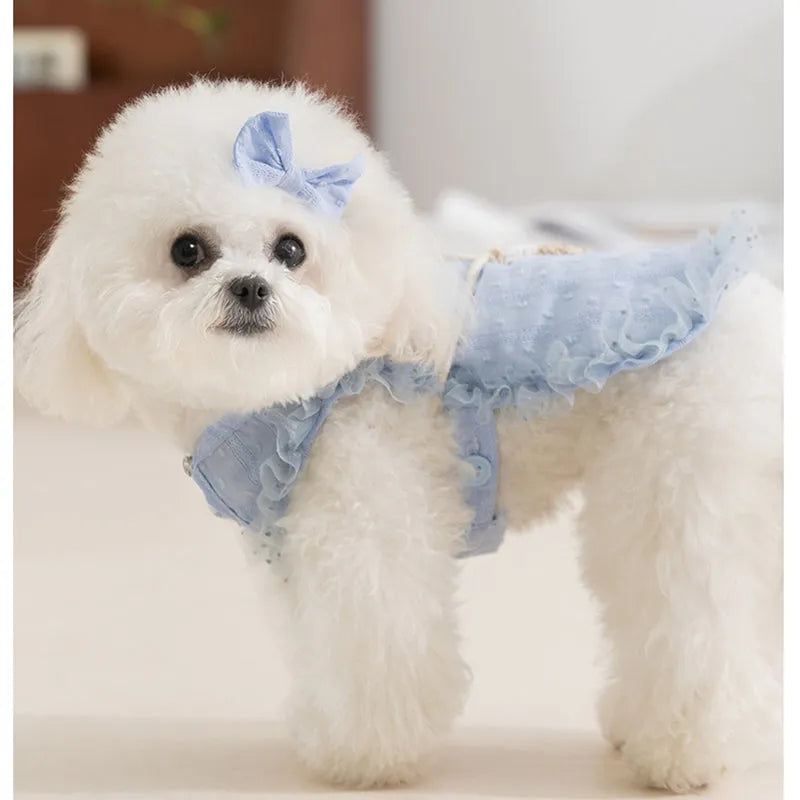Two-tone blue sleeveless pet outfit with ruffles, matching bow, and small woven crossbody bag on a small dog