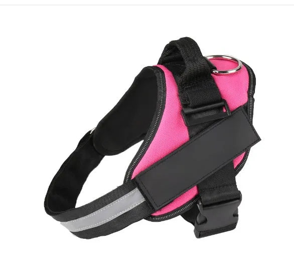Adjustable dog harness with mesh padded vest in assorted colours, showing reflective strips and D-ring leash attachment.