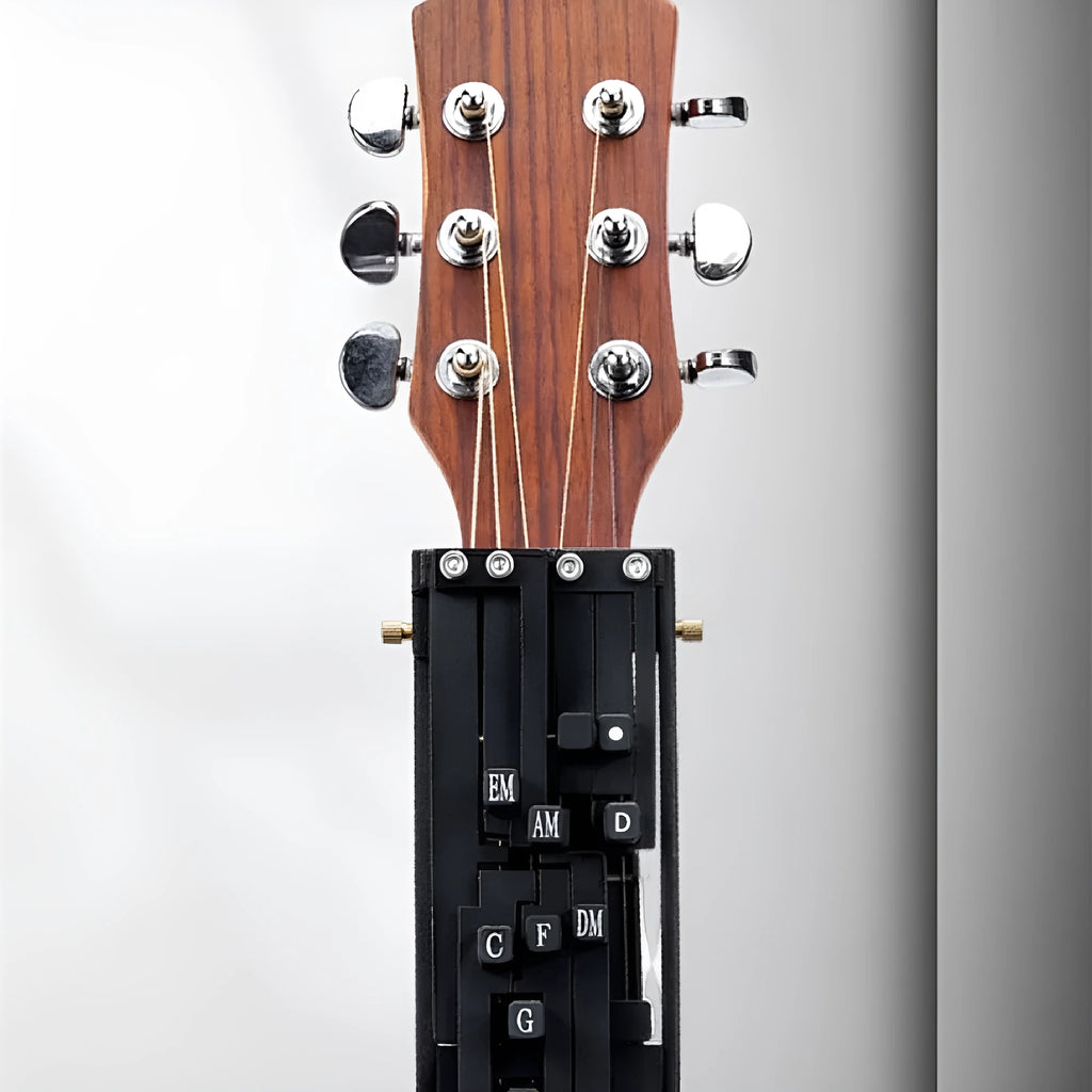 Black automatic chord practice device for folk guitar mounted on guitar neck