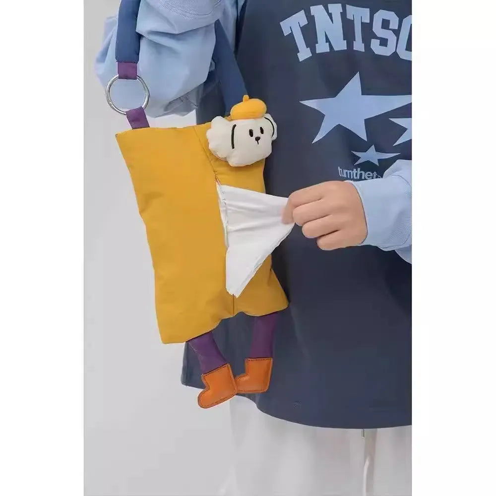Soft plush hanging car tissue bag in baby crocodile design, showing dimensions of 25cm by 19cm.