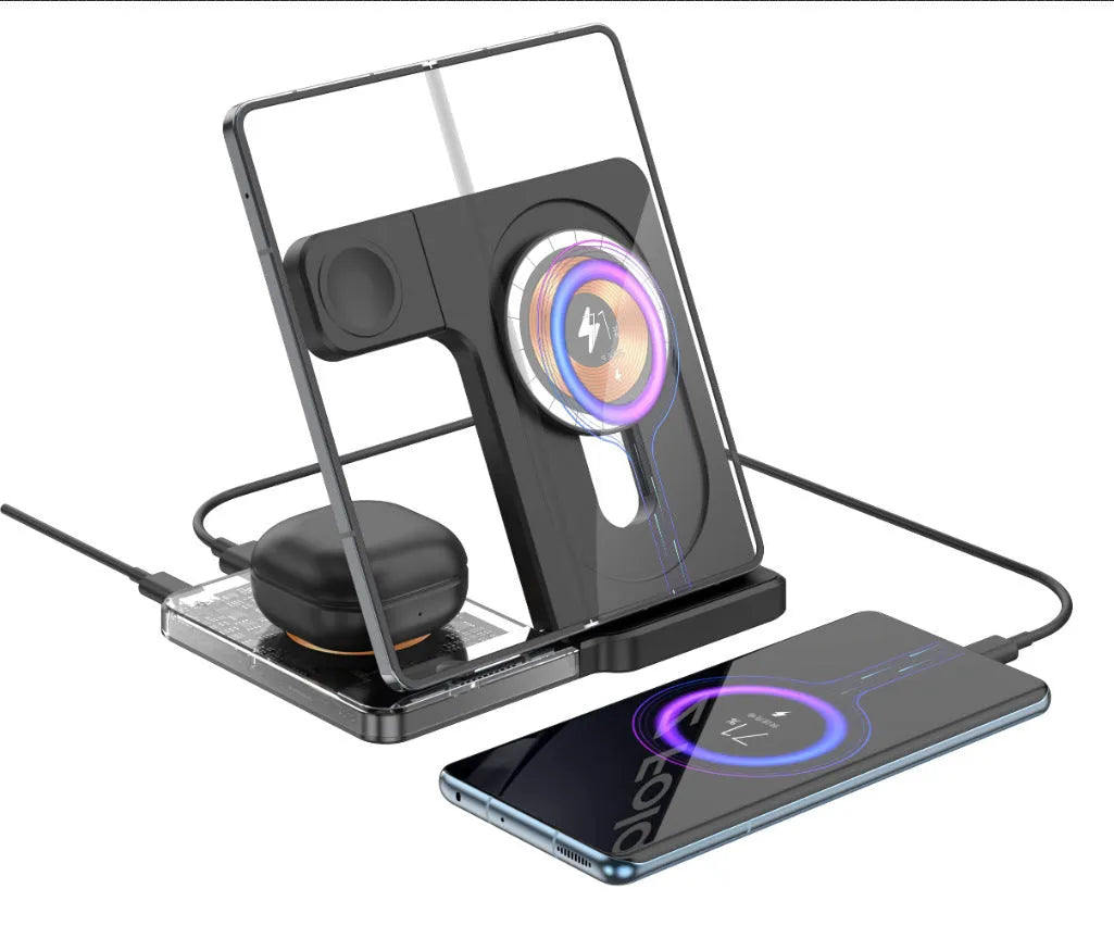 Black and white foldable three-in-one wireless charging stand for phone, watch, and earbuds on a desktop