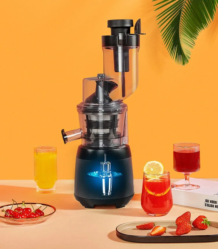 Grey slow masticating juicer with 90mm feed chute and multi-function separator on countertop