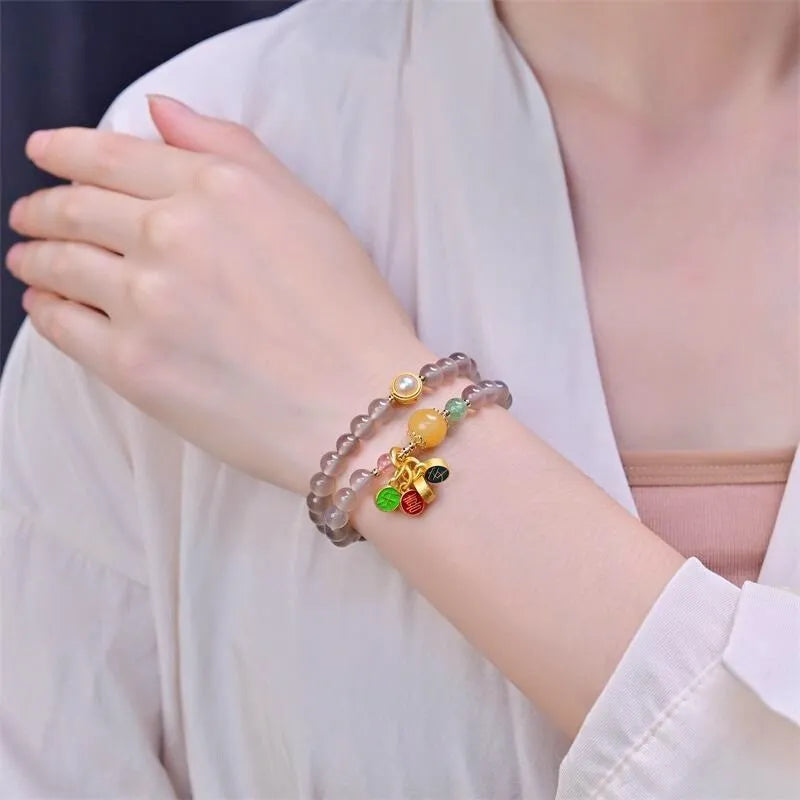 Natural gray agate bracelet with two-circle design and retro styling for women