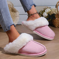 Cotton fleece-lined indoor slippers with fur toe cap in beige, flat heel, PVC sole
