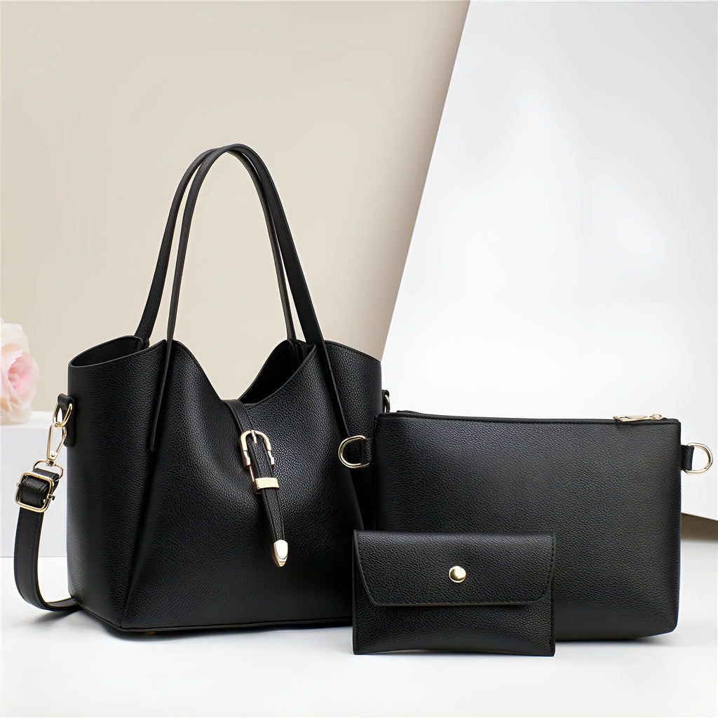 PU large capacity three-piece handbag set with crocodile embossed pattern, black, red, apricot, khaki, pink, creamy-white