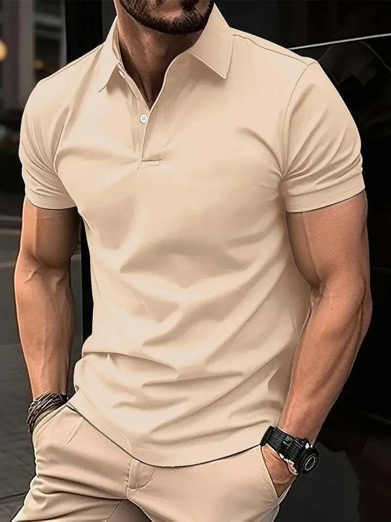 A man's solid colour casual short sleeve shirt in a slim fit style on a hanger.