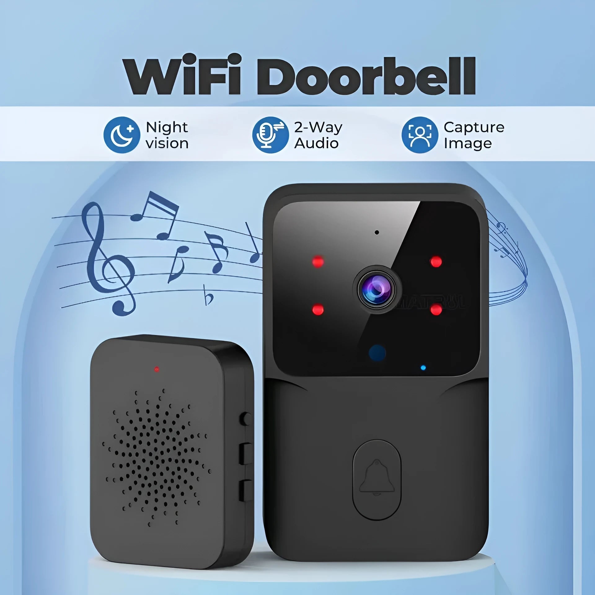 Intelligent visual doorbell with HD night vision and WiFi intercom, black or white finish