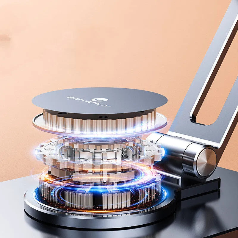 Folding aluminium alloy mobile phone stand in silver on a desktop showing rotary orientation