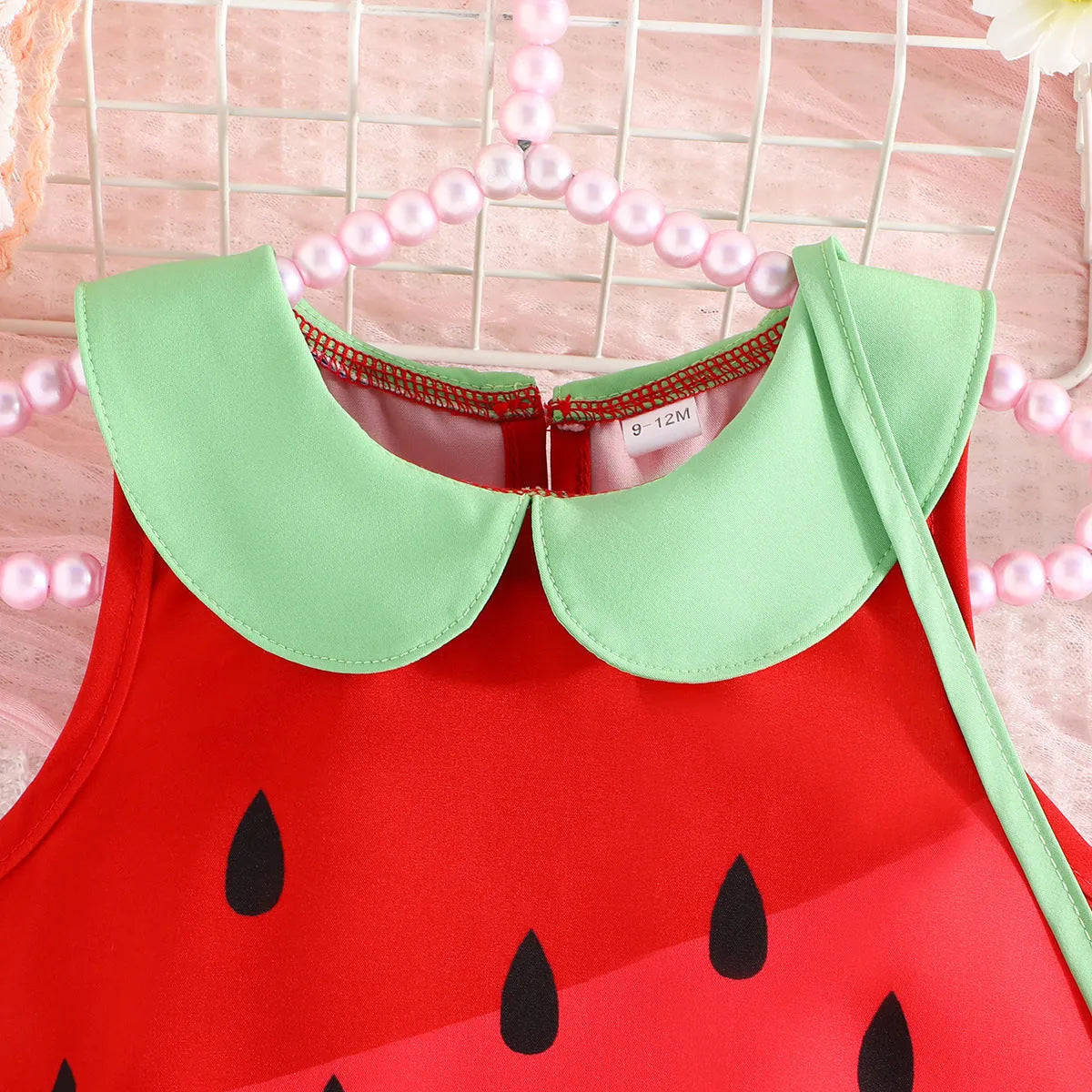 Girls fruit printed sleeveless dress in cartoon pattern, polyester fibre, available in sizes 6 months to 3 years