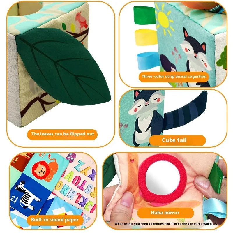 Early education fabric tissue box toy with silk scarves and paper rings for baby sensory play