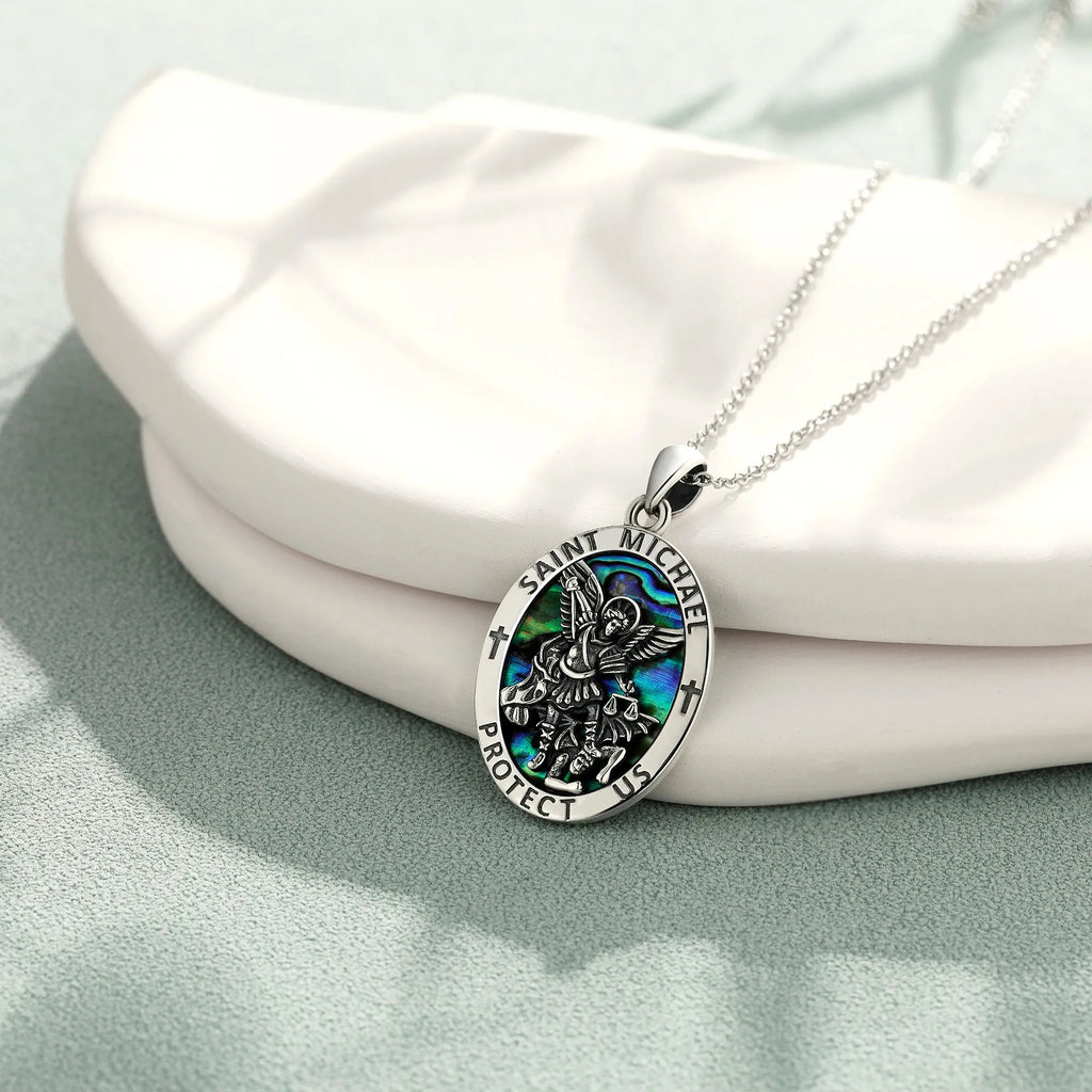 Saint Michael coin medal pendant in 925 sterling silver with white gold plating and abalone stone on 20 inch chain