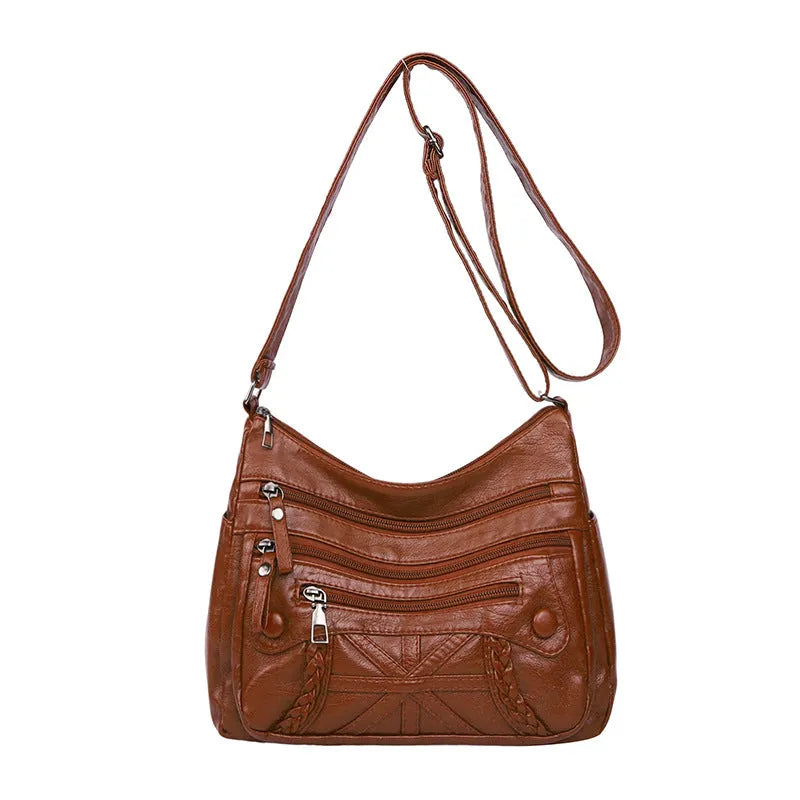 Soft PU casual messenger bag with multi-layer multi-pocket design in black colour