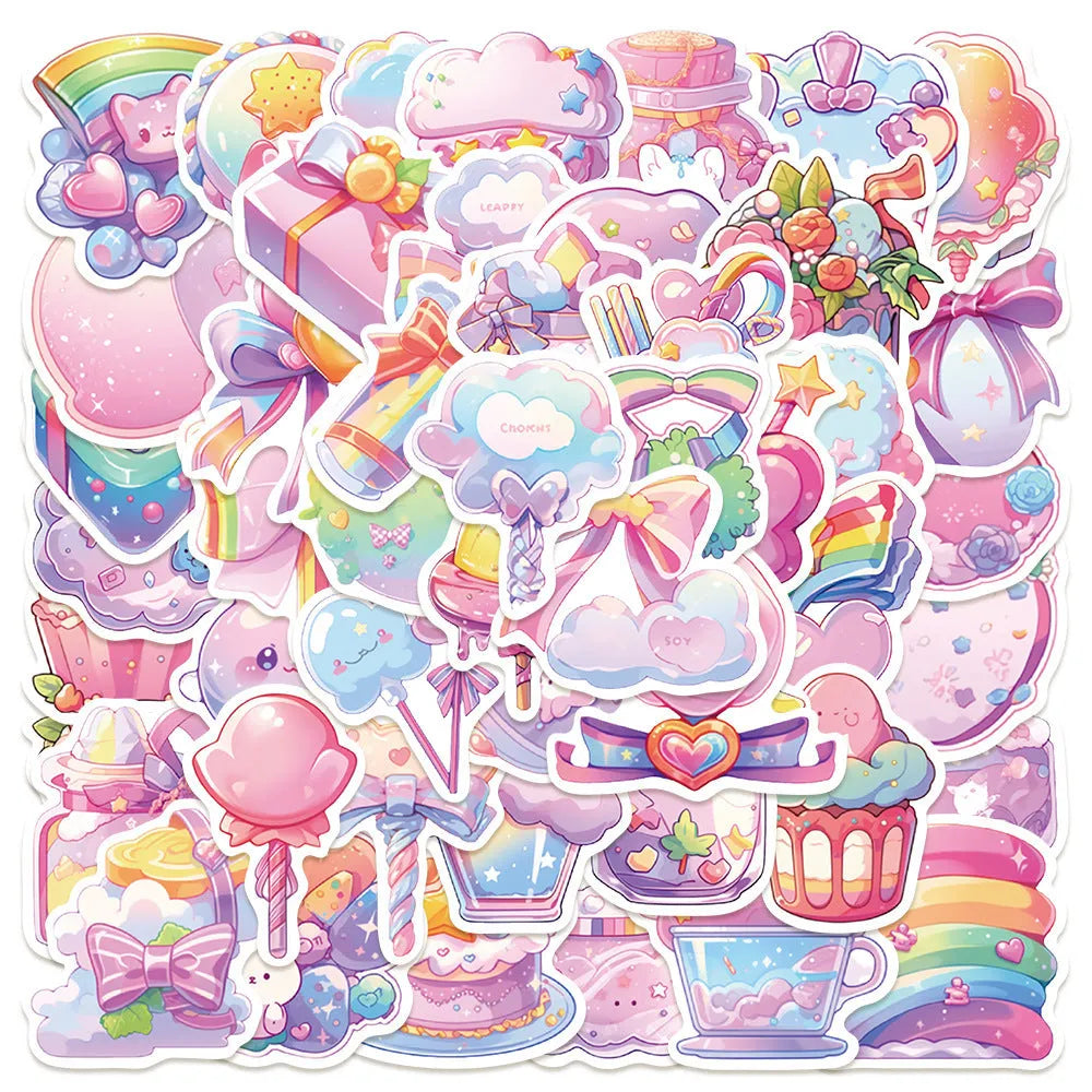 Pack of 50 sheets of cute candy-themed waterproof decorative stickers for crafts.