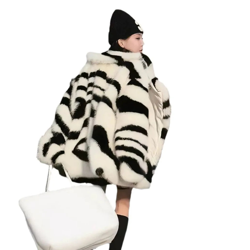 Women's zebra stripe skimmer collar top with long sleeves in polyester fur fabric