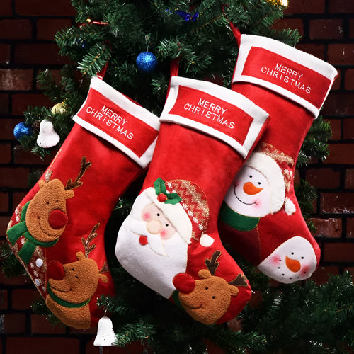 American-style non-woven fabric Christmas stocking decoration in Elk, Old Man, or Snowman design.
