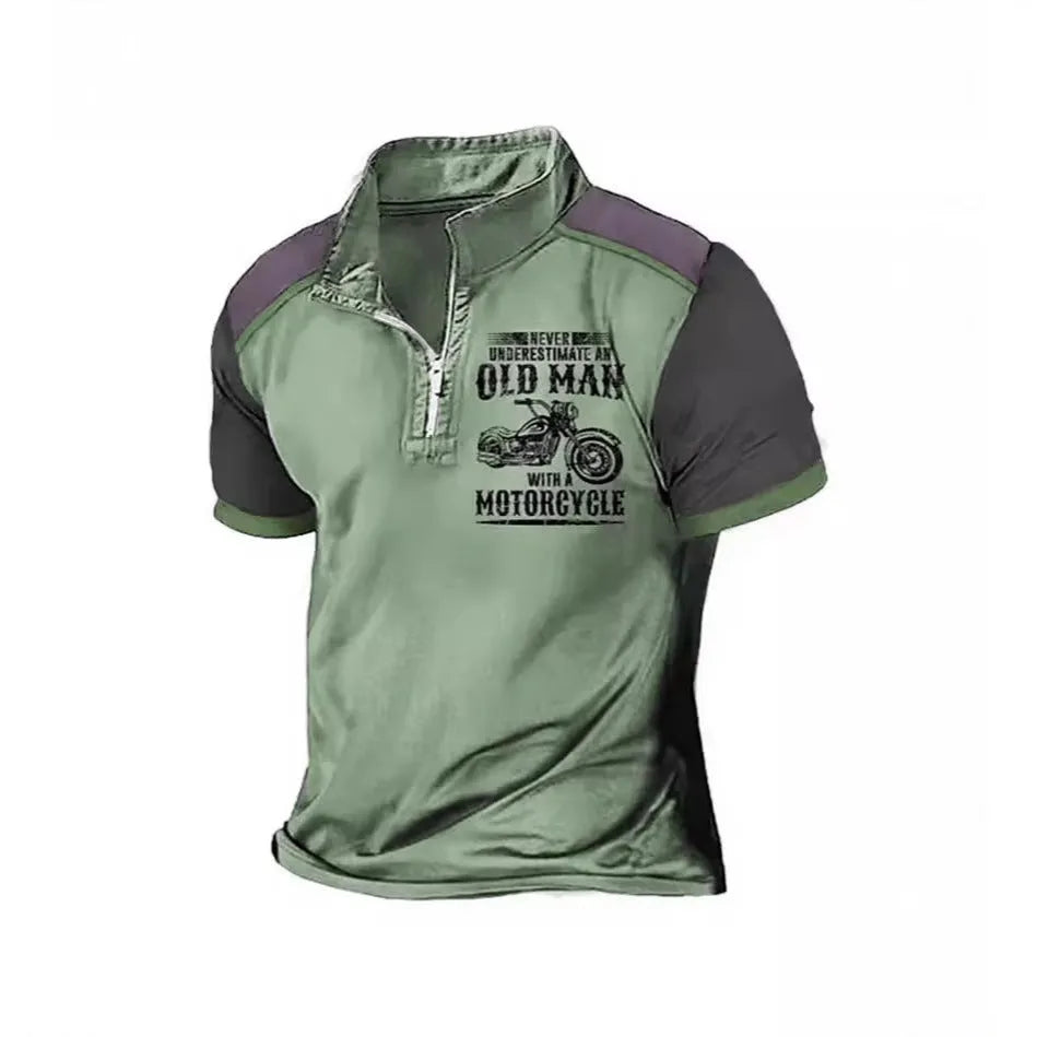 Men's casual short-sleeve polo shirt with lapel collar and printed letter pattern.