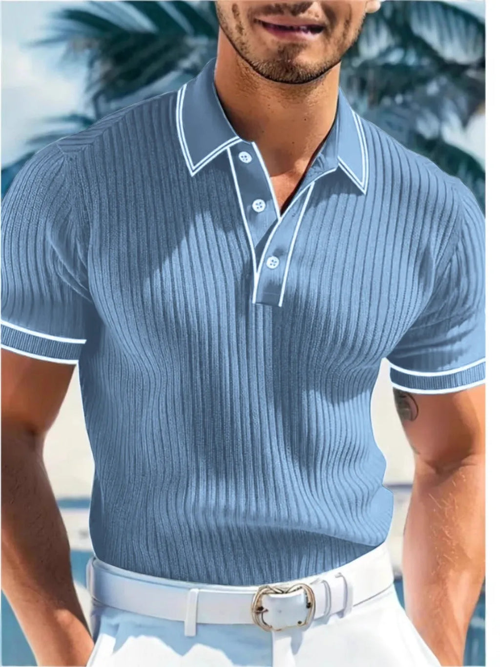 Men's loose fit striped polo short-sleeved summer shirt in chemical fibre blend fabric