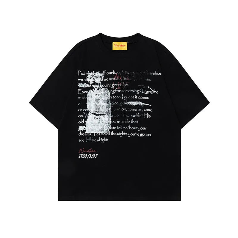 Men's black retro hip hop cotton T-shirt with loose fit and printed letter pattern