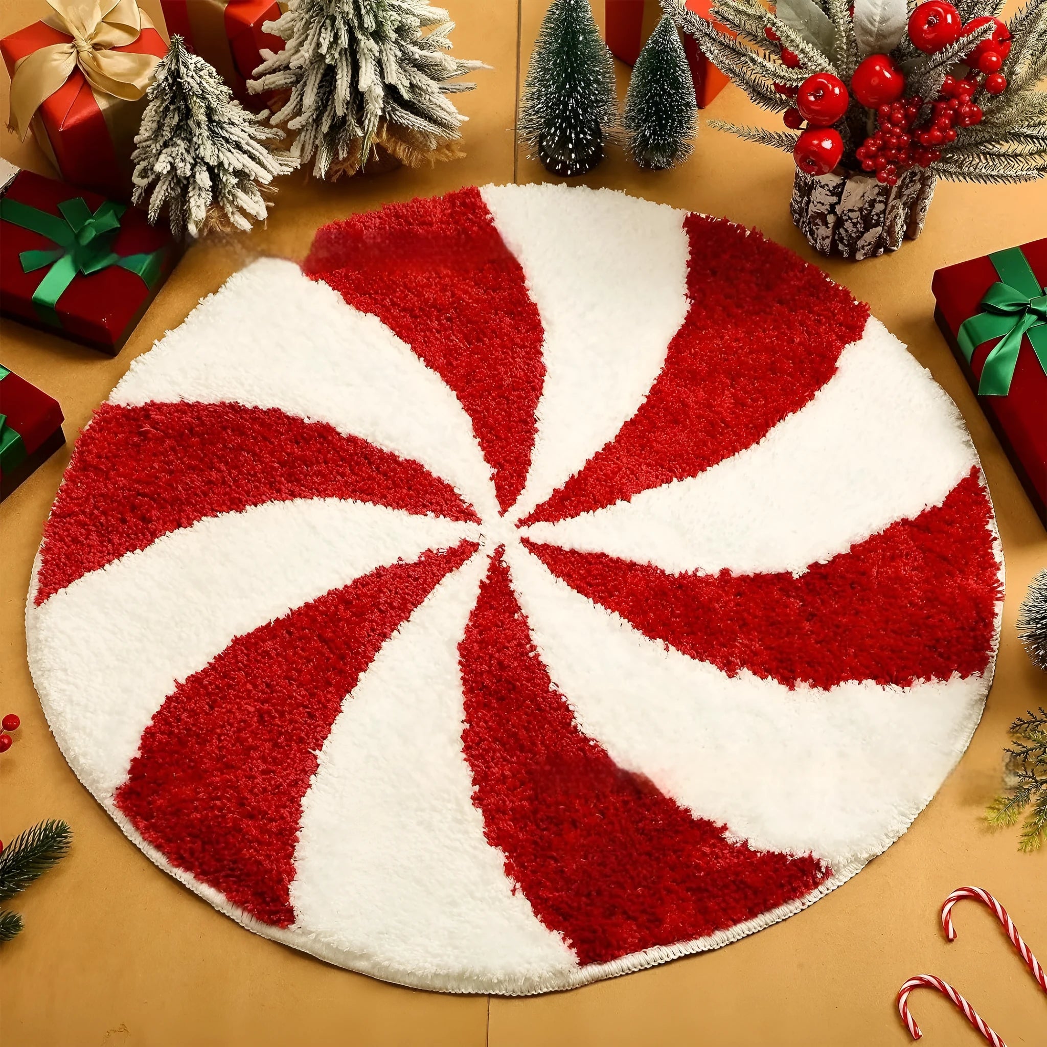 Christmas carpet with round pad design in polyester fibre available in 60cm and 80cm square sizes