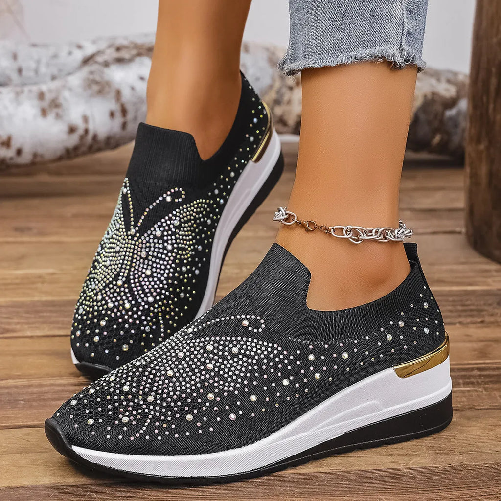 Women's wedge pumps with rhinestone decoration, round toe, mesh upper, low heel 1-3cm