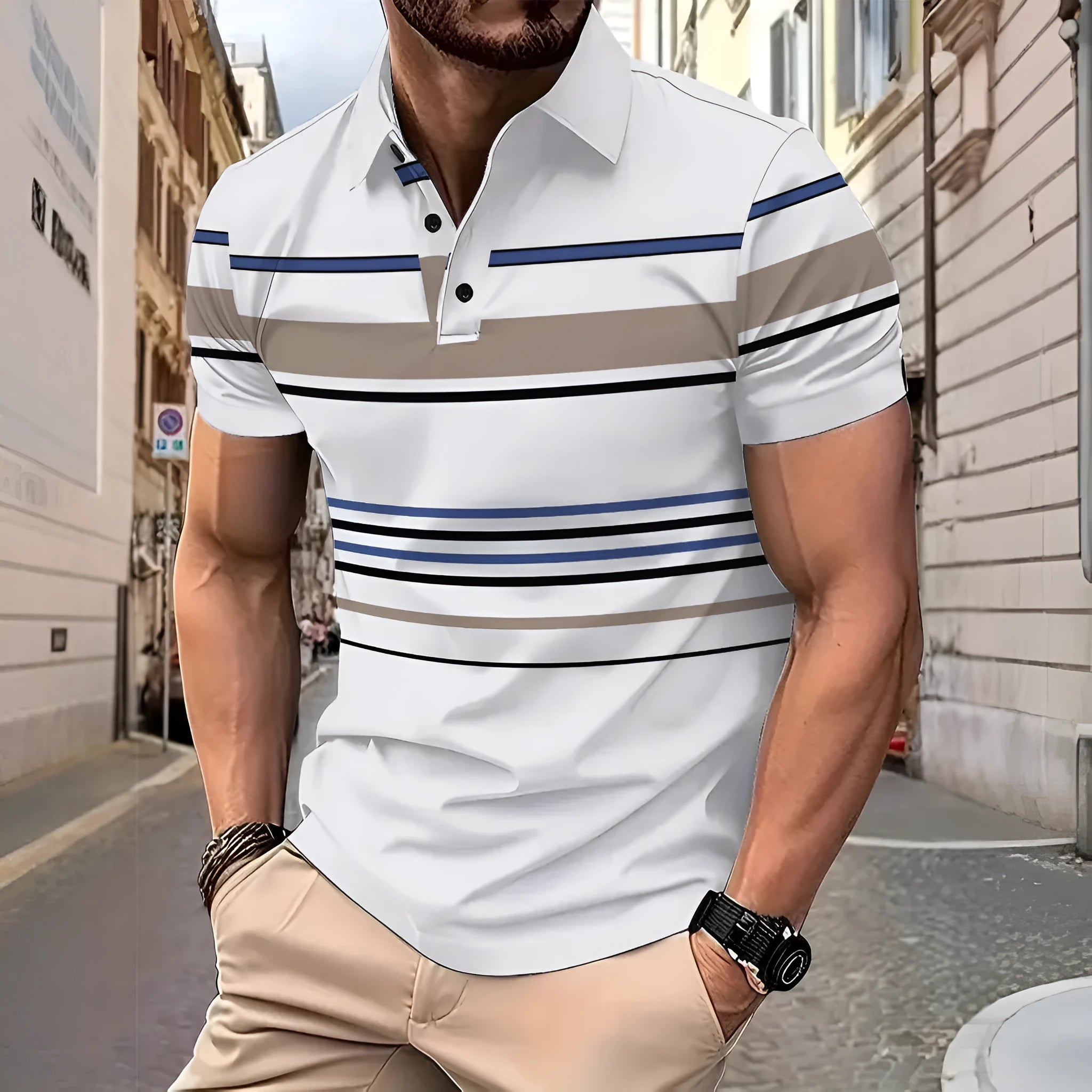 White men's striped short sleeve T-shirt with slim fit for summer casual wear