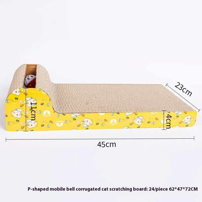 Cat scratch board with leather toy in corrugated paper construction