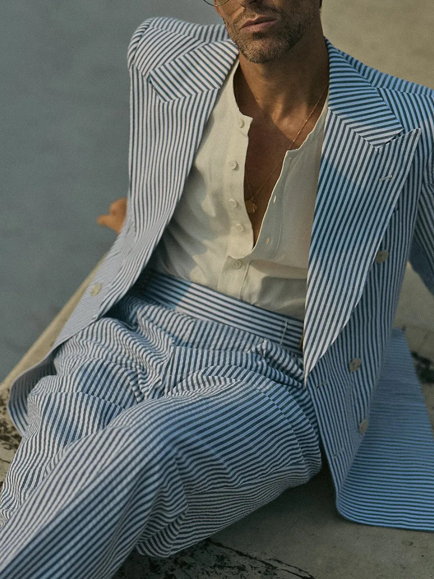 Men's blue and white striped polyester suit set with blazer and trousers