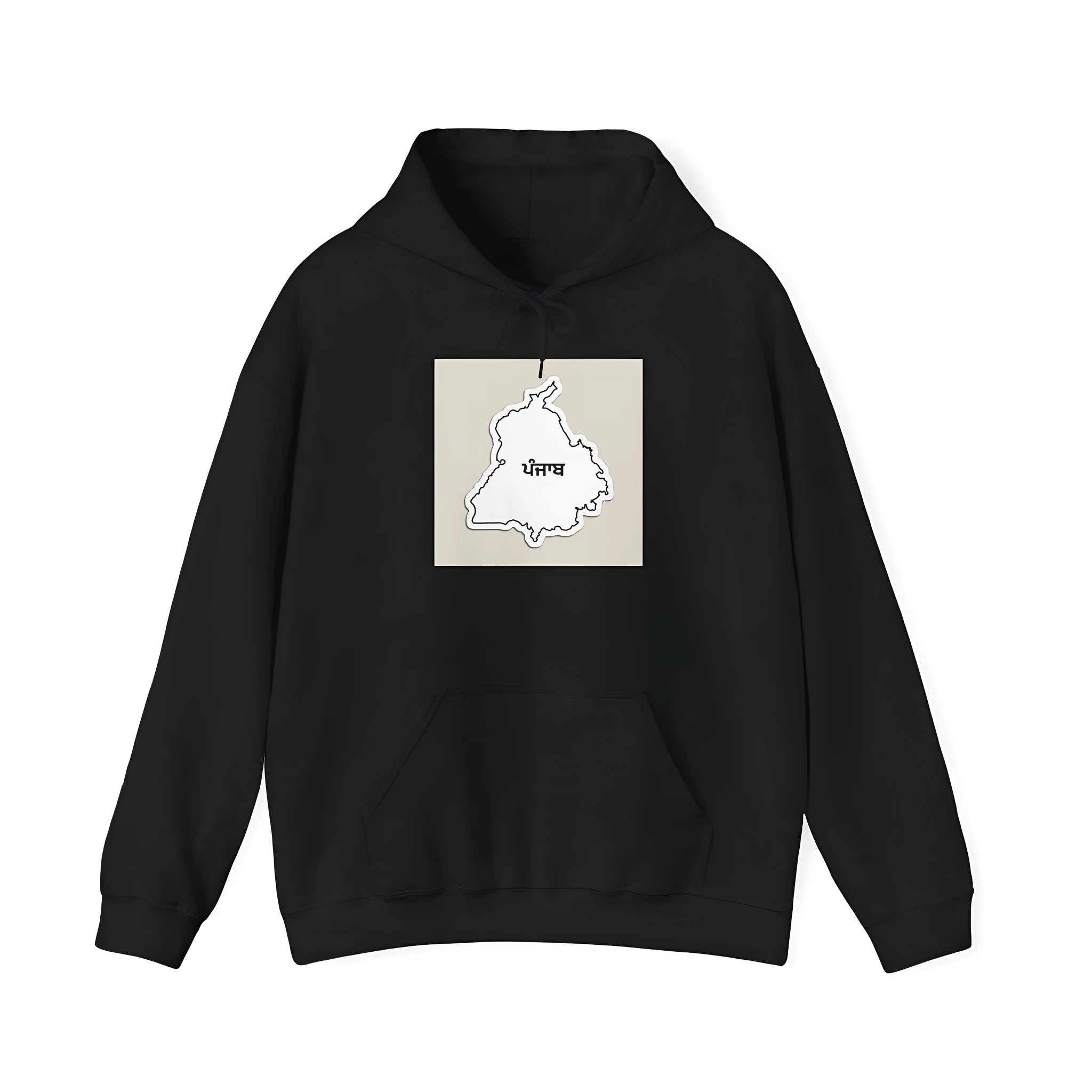 Black loose fit drop shoulder sleeve polyester hoodie sweater on a hanger