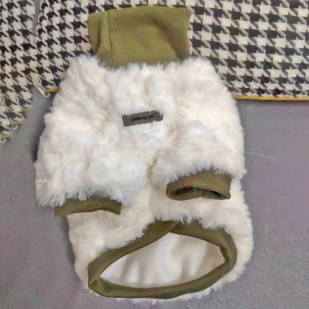 Creamy green turtleneck dog coat for small and medium-sized dogs showing high collar design