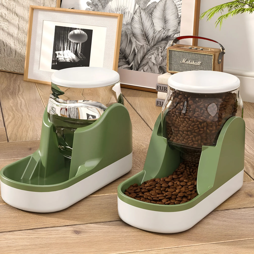 Large capacity automatic cat water fountain and pet feeder for dry food in Blue colour on floor.