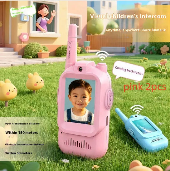 Two mini video wireless walkie talkies for kids in pink and blue with 2.0-inch IPS display and Type-C charging