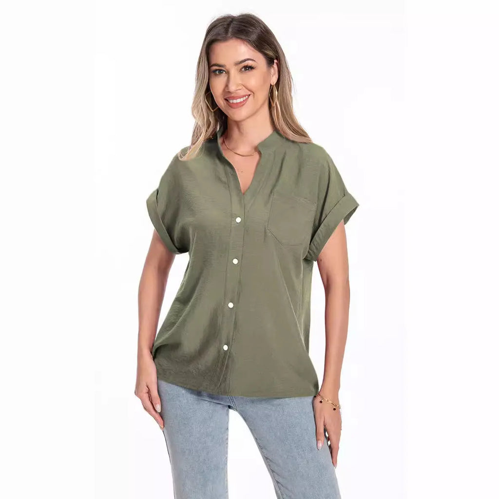 Women's stand collar button front short sleeve top in loose fit polyester with raglan sleeves