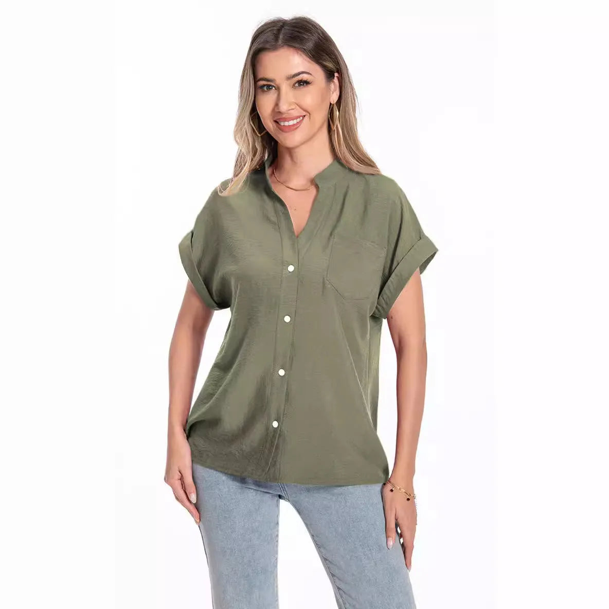 Women's stand collar button front short sleeve top in loose fit polyester with raglan sleeves