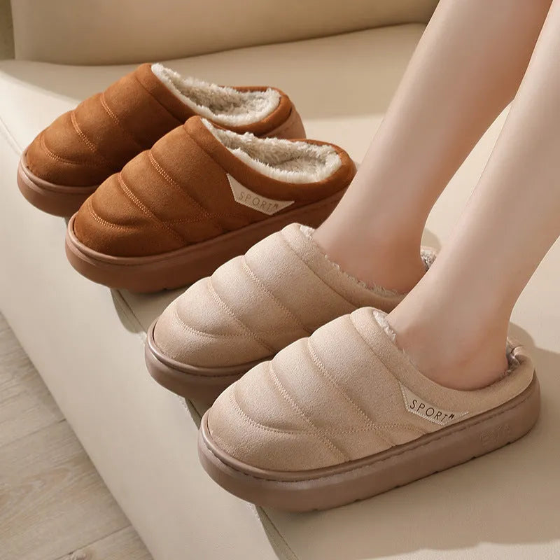Plush indoor slippers with suede upper, EVA sole, and short plush lining in grey, khaki, coffee, or camel.