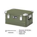 Field green aluminium alloy camping storage box with dimensions 58x38x28cm for outdoor equipment organisation