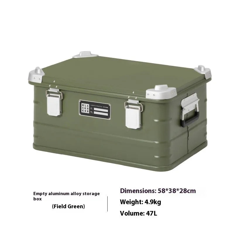 Field green aluminium alloy camping storage box with dimensions 58x38x28cm for outdoor equipment organisation