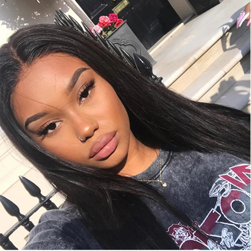 Long straight black wig with centre-parted bangs on a model, showing European-American style.