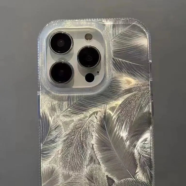 Silver grey feather pattern gradient phone case with three-dimensional relief for iPhone models