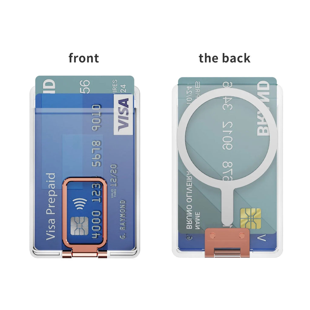 Magnetic card holder bracket with transparent support in black, silver, gold, and rose gold for phone back cover case