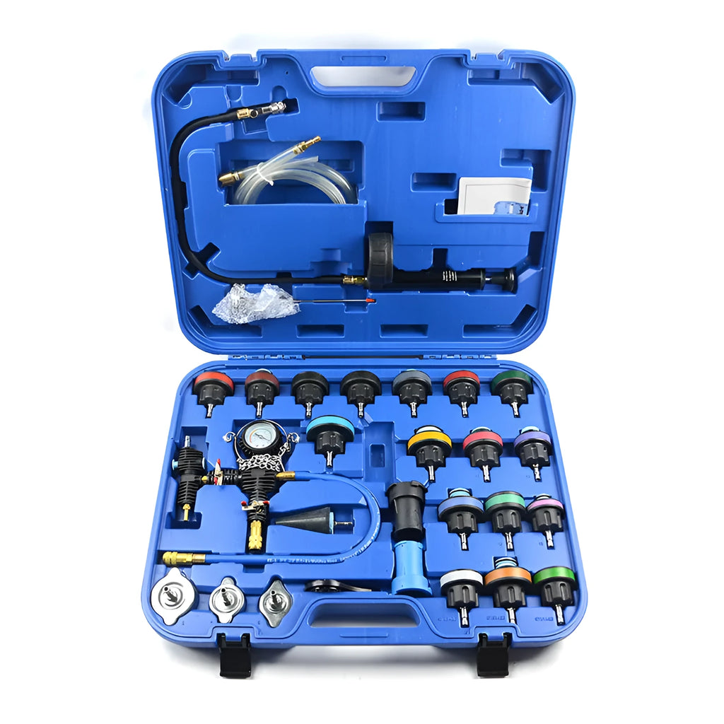 28-piece blue automotive radiator pressure testing kit with vacuum purge and refill tools