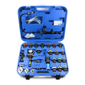 28-piece blue automotive radiator pressure testing kit with vacuum purge and refill tools
