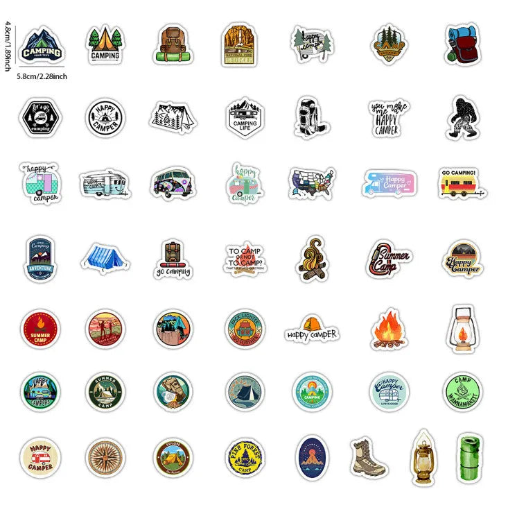 50 outdoor camping graffiti stickers, travel series PVC decals about 7cm, Go Camping pattern, model YT38